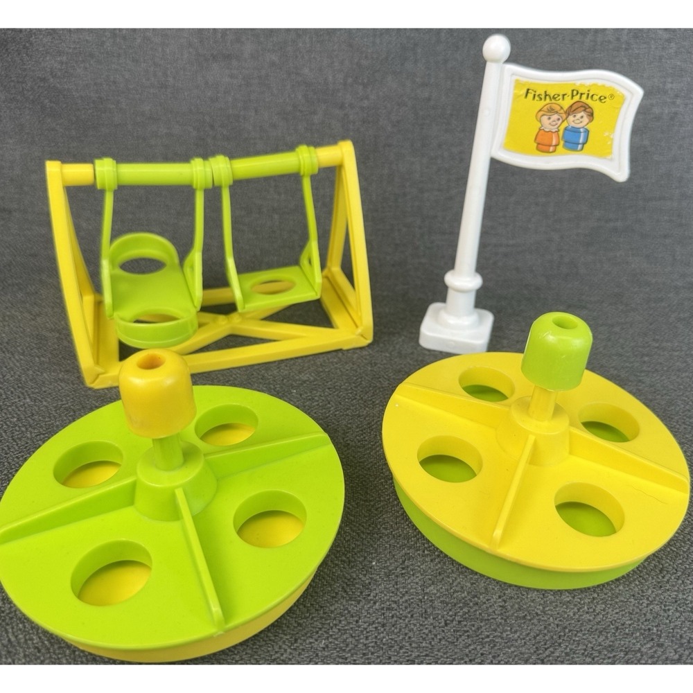 Vintage Fisher Price Little People Green/Yellow Swingset & 2 Merry-Go-Round Flag